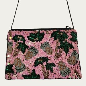 Vintage St. Xavier Pink and Green Beaded Tropical Clutch EUC